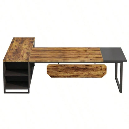 70.8 L - Shaped Executive Desk with 55 File Cabinet, Large Industrial Computer Workstation with Storage, Corner Office Desk Home Business, Rustic Brown Black