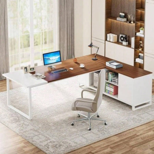 70.8 - Inch Executive Desk with 55 - Inch File Cabinet, Large L Shaped Computer Desk with Storage Cabinet and Shelves, Modern L - Shaped Desk Home Office, Walnut White