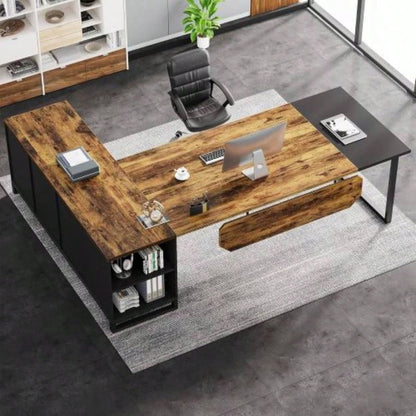 70.8 L - Shaped Executive Desk with 55 File Cabinet, Large Industrial Computer Workstation with Storage, Corner Office Desk Home Business, Rustic Brown Black
