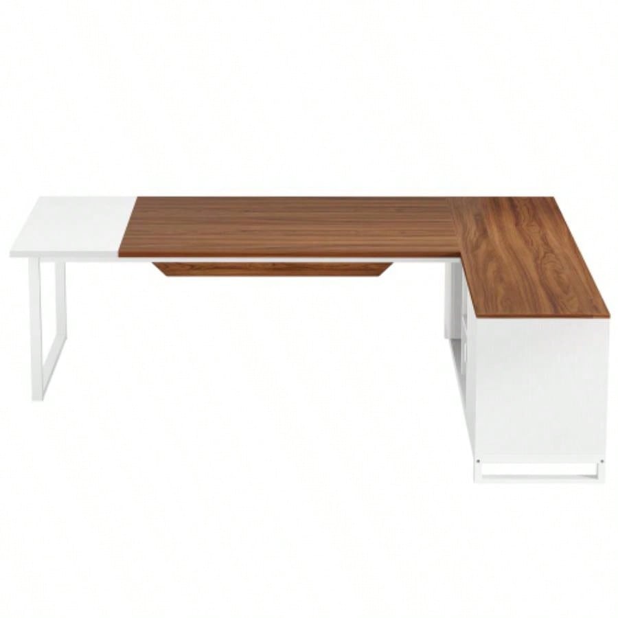70.8 - Inch Executive Desk with 55 - Inch File Cabinet, Large L Shaped Computer Desk with Storage Cabinet and Shelves, Modern L - Shaped Desk Home Office, Walnut White