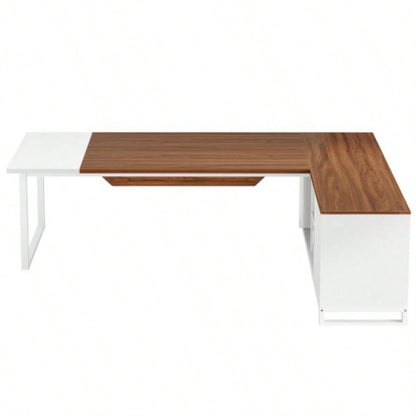 70.8 - Inch Executive Desk with 55 - Inch File Cabinet, Large L Shaped Computer Desk with Storage Cabinet and Shelves, Modern L - Shaped Desk Home Office, Walnut White