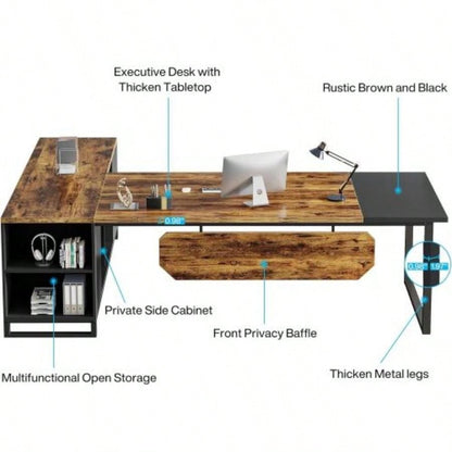 70.8 L - Shaped Executive Desk with 55 File Cabinet, Large Industrial Computer Workstation with Storage, Corner Office Desk Home Business, Rustic Brown Black
