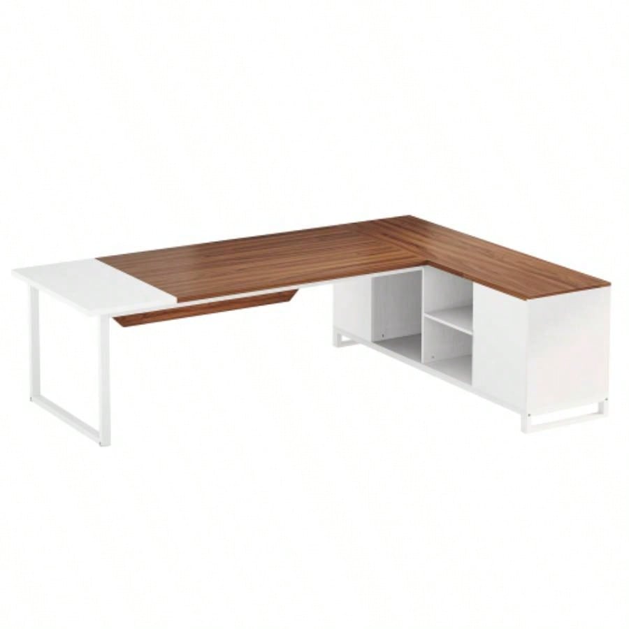 70.8 - Inch Executive Desk with 55 - Inch File Cabinet, Large L Shaped Computer Desk with Storage Cabinet and Shelves, Modern L - Shaped Desk Home Office, Walnut White