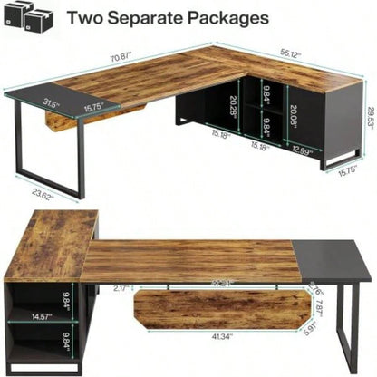 70.8 L - Shaped Executive Desk with 55 File Cabinet, Large Industrial Computer Workstation with Storage, Corner Office Desk Home Business, Rustic Brown Black