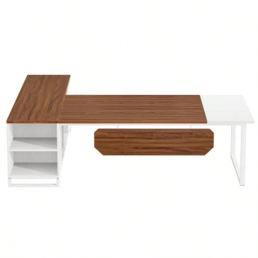 70.8 - Inch Executive Desk with 55 - Inch File Cabinet, Large L Shaped Computer Desk with Storage Cabinet and Shelves, Modern L - Shaped Desk Home Office, Walnut White