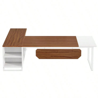 70.8 - Inch Executive Desk with 55 - Inch File Cabinet, Large L Shaped Computer Desk with Storage Cabinet and Shelves, Modern L - Shaped Desk Home Office, Walnut White