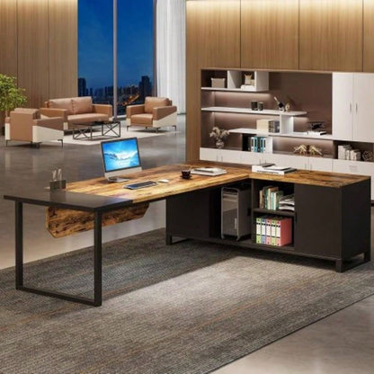 70.8 L - Shaped Executive Desk with 55 File Cabinet, Large Industrial Computer Workstation with Storage, Corner Office Desk Home Business, Rustic Brown Black