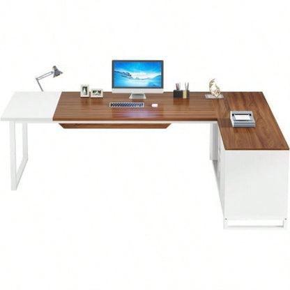 70.8 - Inch Executive Desk with 55 - Inch File Cabinet, Large L Shaped Computer Desk with Storage Cabinet and Shelves, Modern L - Shaped Desk Home Office, Walnut White