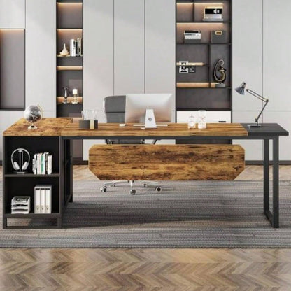 70.8 L - Shaped Executive Desk with 55 File Cabinet, Large Industrial Computer Workstation with Storage, Corner Office Desk Home Business, Rustic Brown Black