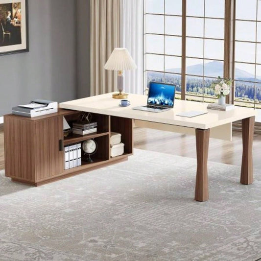 78.7Inches L - Shaped Executive Desk with Storage Cabinet, Modern Home Office Desk with Shelves and CPU Stand, White Walnut Computer Writing Desk Professionals
