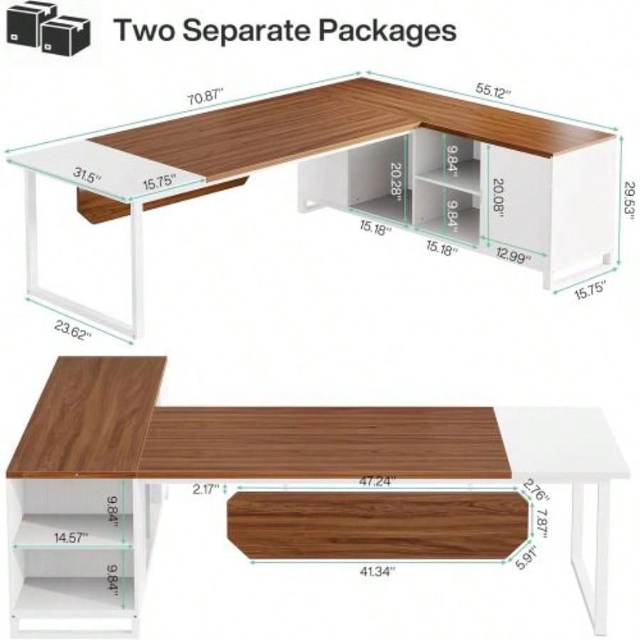 70.8 - Inch Executive Desk with 55 - Inch File Cabinet, Large L Shaped Computer Desk with Storage Cabinet and Shelves, Modern L - Shaped Desk Home Office, Walnut White
