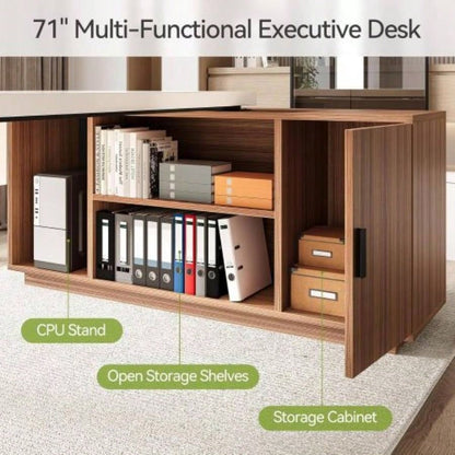 78.7Inches L - Shaped Executive Desk with Storage Cabinet, Modern Home Office Desk with Shelves and CPU Stand, White Walnut Computer Writing Desk Professionals