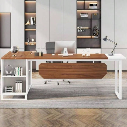 70.8 - Inch Executive Desk with 55 - Inch File Cabinet, Large L Shaped Computer Desk with Storage Cabinet and Shelves, Modern L - Shaped Desk Home Office, Walnut White