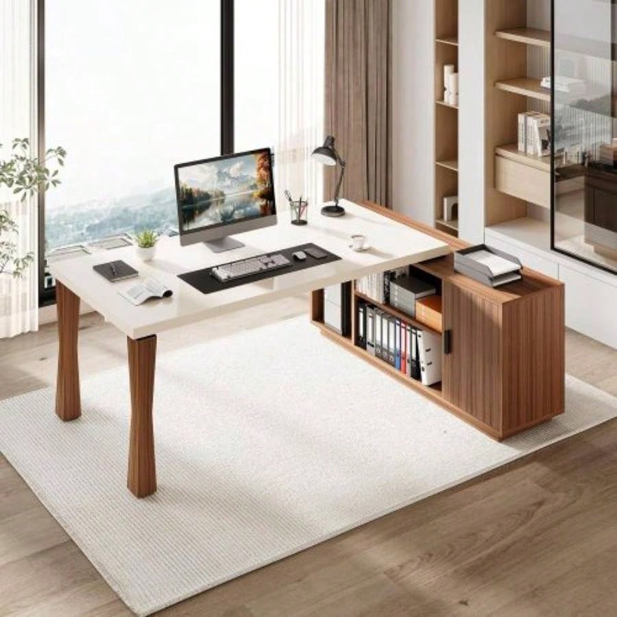 78.7Inches L - Shaped Executive Desk with Storage Cabinet, Modern Home Office Desk with Shelves and CPU Stand, White Walnut Computer Writing Desk Professionals