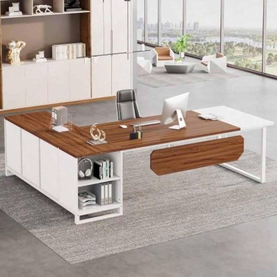 70.8 - Inch Executive Desk with 55 - Inch File Cabinet, Large L Shaped Computer Desk with Storage Cabinet and Shelves, Modern L - Shaped Desk Home Office, Walnut White