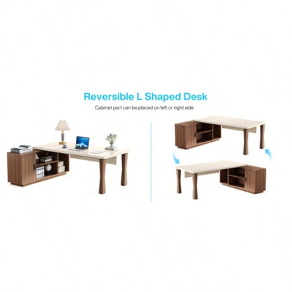 78.7Inches L - Shaped Executive Desk with Storage Cabinet, Modern Home Office Desk with Shelves and CPU Stand, White Walnut Computer Writing Desk Professionals