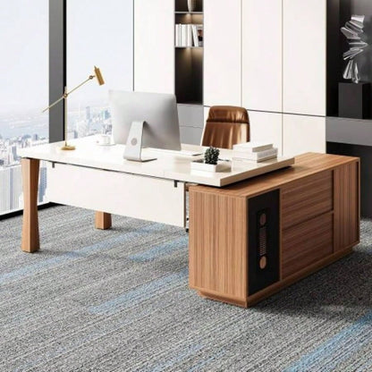 78.7Inches L - Shaped Executive Desk with Storage Cabinet, Modern Home Office Desk with Shelves and CPU Stand, White Walnut Computer Writing Desk Professionals