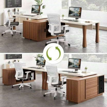 78.7Inches L - Shaped Executive Desk with Storage Cabinet, Modern Home Office Desk with Shelves and CPU Stand, White Walnut Computer Writing Desk Professionals