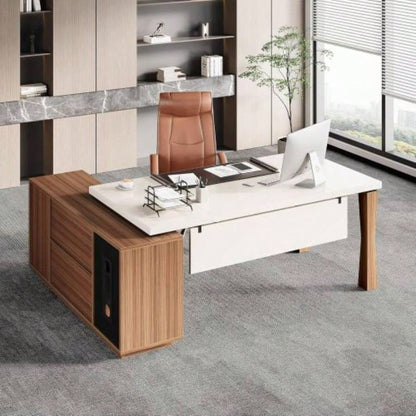 78.7Inches L - Shaped Executive Desk with Storage Cabinet, Modern Home Office Desk with Shelves and CPU Stand, White Walnut Computer Writing Desk Professionals