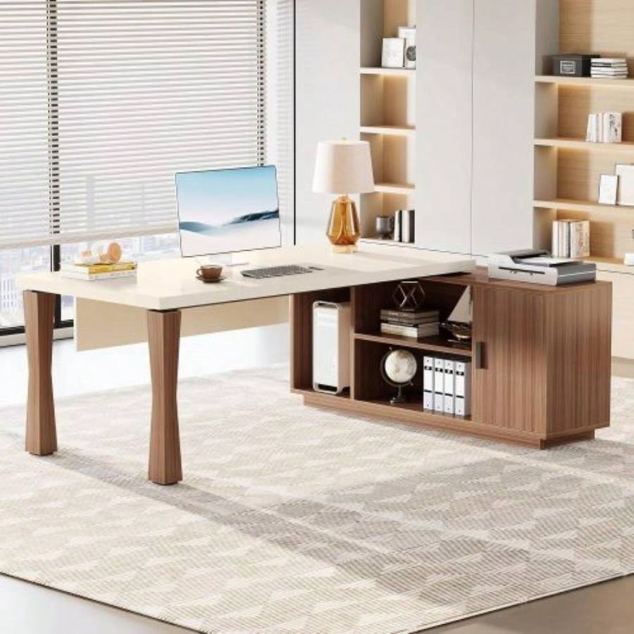 78.7Inches L - Shaped Executive Desk with Storage Cabinet, Modern Home Office Desk with Shelves and CPU Stand, White Walnut Computer Writing Desk Professionals