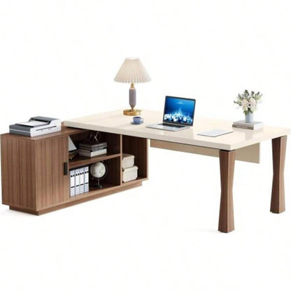 78.7Inches L - Shaped Executive Desk with Storage Cabinet, Modern Home Office Desk with Shelves and CPU Stand, White Walnut Computer Writing Desk Professionals