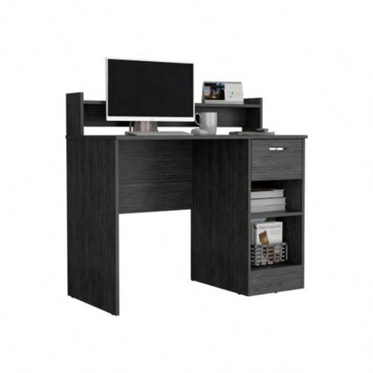 Computer Desk with Top Open Shelf, 1 - Drawer and 2 - Storage Shelves, Smokey Oak