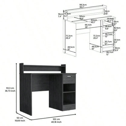 Computer Desk with Top Open Shelf, 1 - Drawer and 2 - Storage Shelves, Smokey Oak