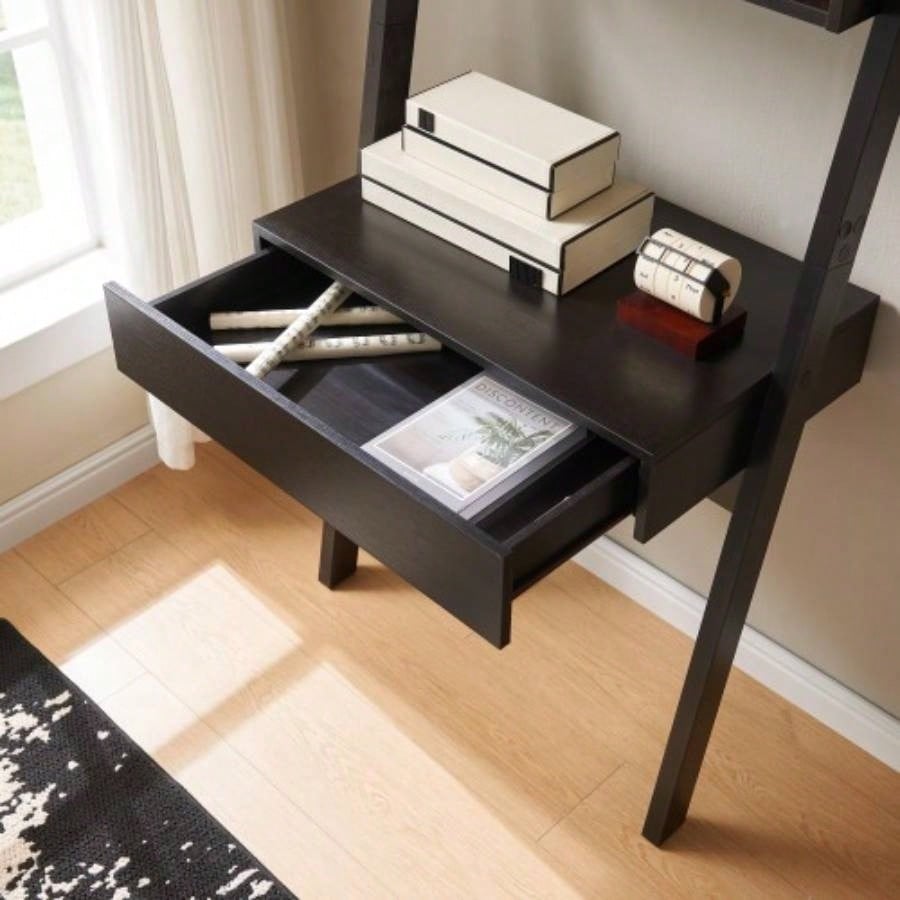 Home office desk workspace writing table bookcase ladder one drawer two shelves handleless design modern