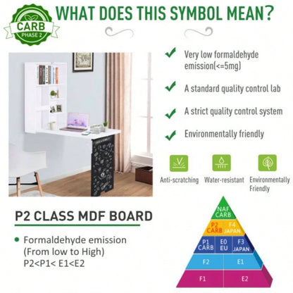 HOMCOM Wall Mounted Foldable Desk with a Blackboard, Fold Out Convertible Floating Desk with Shelves, White