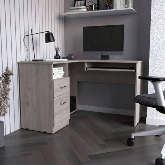 L - Shaped Desk, Keyboard Tray, Two Drawers, One Open Shelf, Light Gray