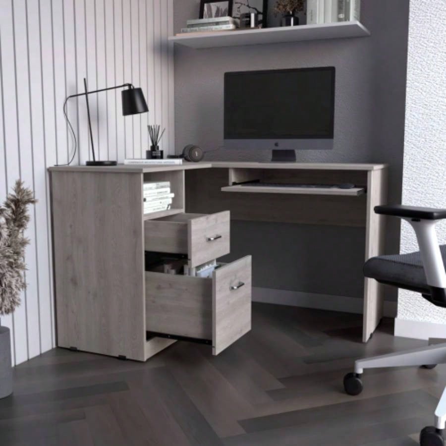 L - Shaped Desk, Keyboard Tray, Two Drawers, One Open Shelf, Light Gray