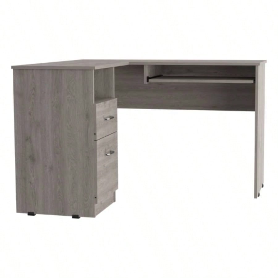 L - Shaped Desk, Keyboard Tray, Two Drawers, One Open Shelf, Light Gray