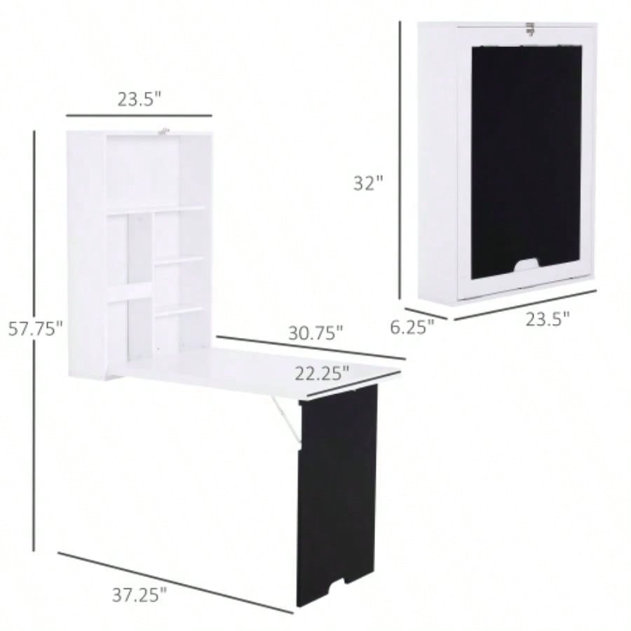 HOMCOM Wall Mounted Foldable Desk with a Blackboard, Fold Out Convertible Floating Desk with Shelves, White