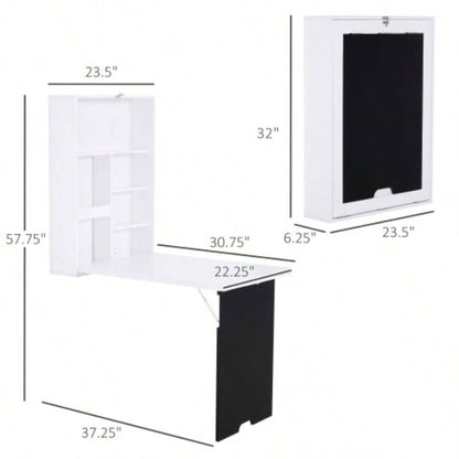 HOMCOM Wall Mounted Foldable Desk with a Blackboard, Fold Out Convertible Floating Desk with Shelves, White