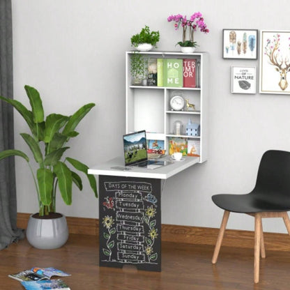 HOMCOM Wall Mounted Foldable Desk with a Blackboard, Fold Out Convertible Floating Desk with Shelves, White