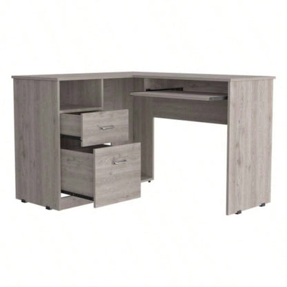 L - Shaped Desk, Keyboard Tray, Two Drawers, One Open Shelf, Light Gray