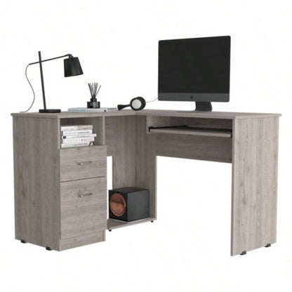 L - Shaped Desk, Keyboard Tray, Two Drawers, One Open Shelf, Light Gray