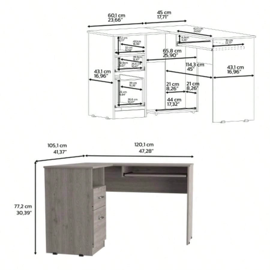 L - Shaped Desk, Keyboard Tray, Two Drawers, One Open Shelf, Light Gray