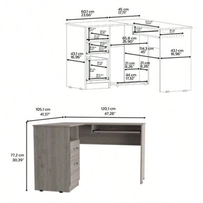 L - Shaped Desk, Keyboard Tray, Two Drawers, One Open Shelf, Light Gray