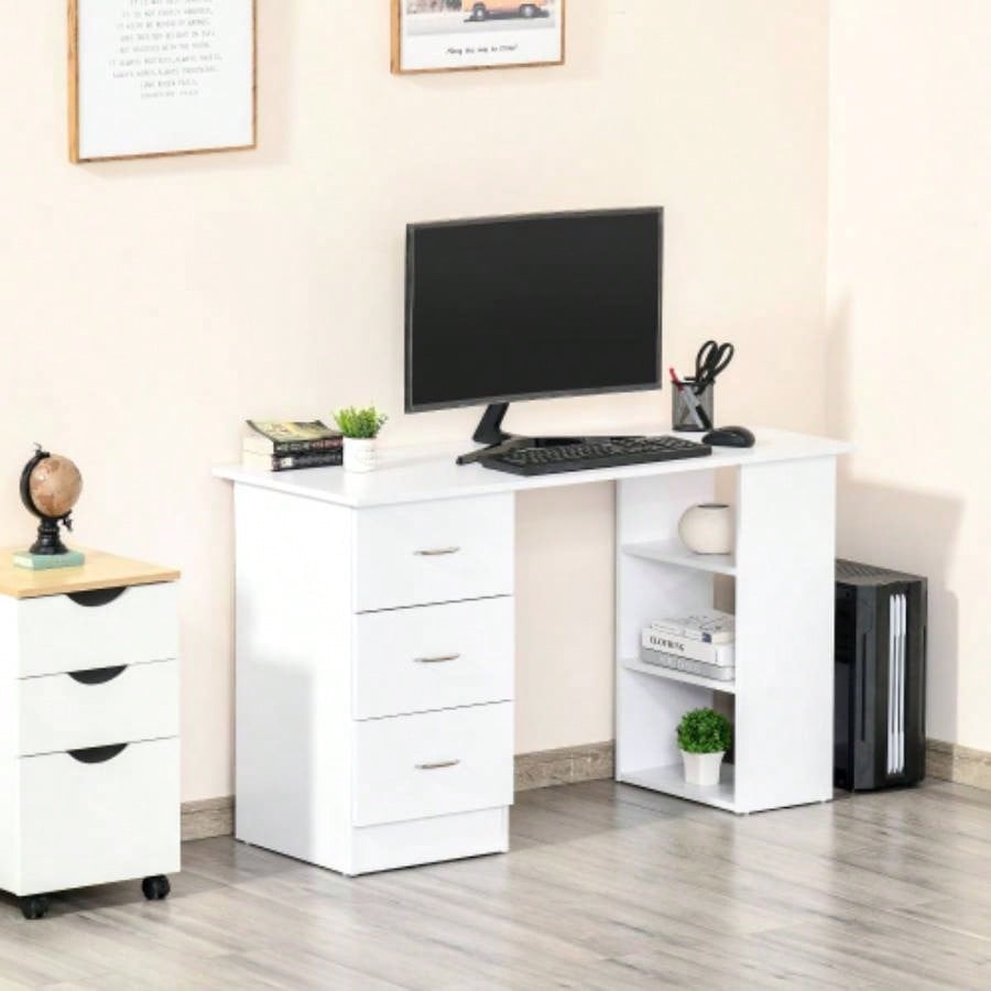 HOMCOM 47 Modern Home Office Computer Desk Bookcase Combo Writing Table Workstation with 3 Drawer and Storage Shelf - White