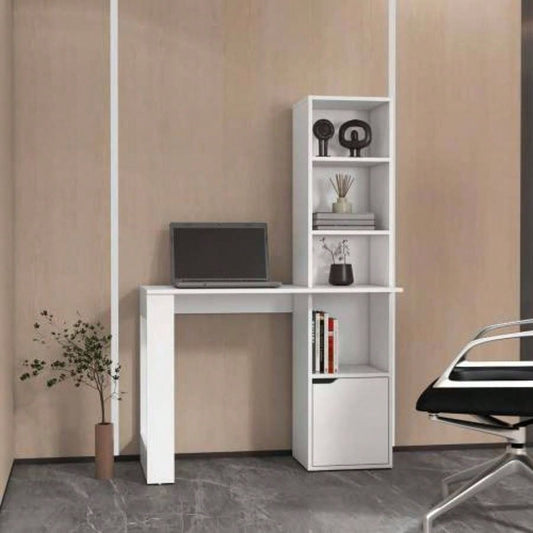 White Computer Desk with 4 - Tier Bookcase and 1 - Door Cabinet