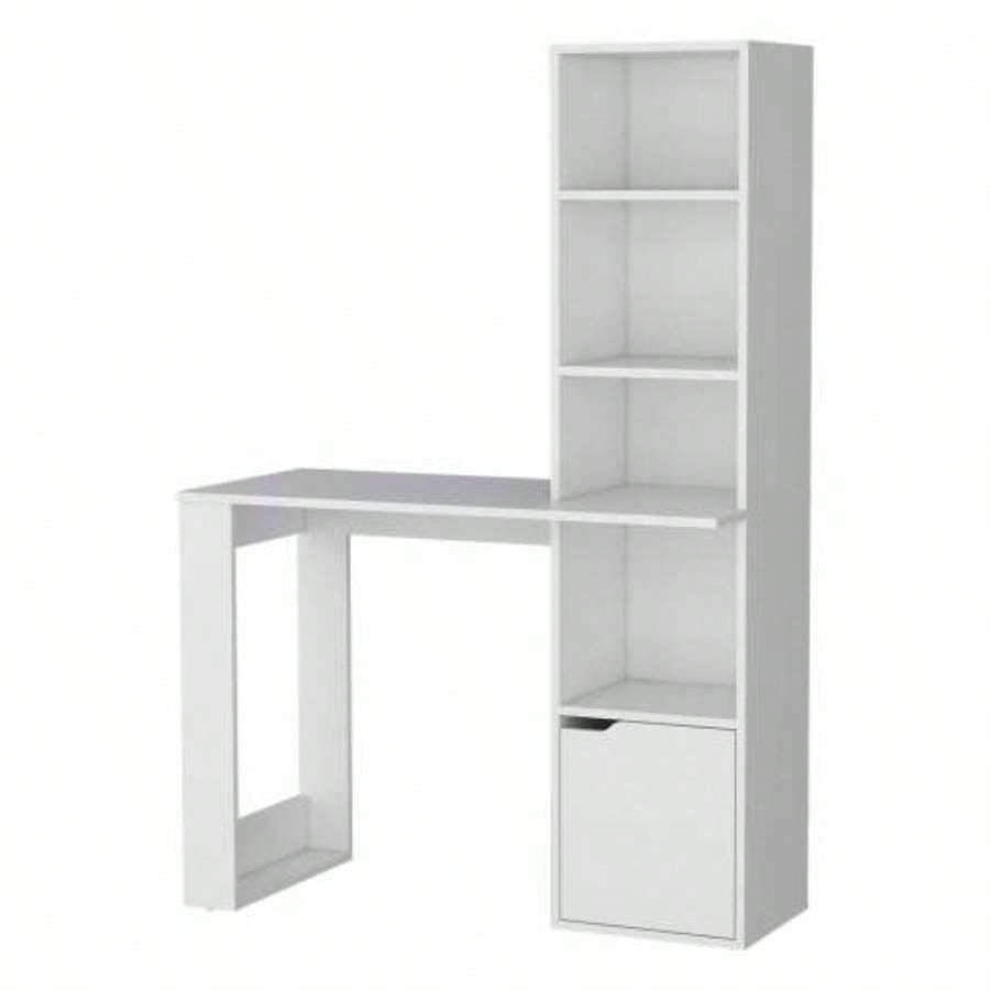 White Computer Desk with 4 - Tier Bookcase and 1 - Door Cabinet