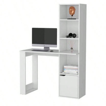White Computer Desk with 4 - Tier Bookcase and 1 - Door Cabinet