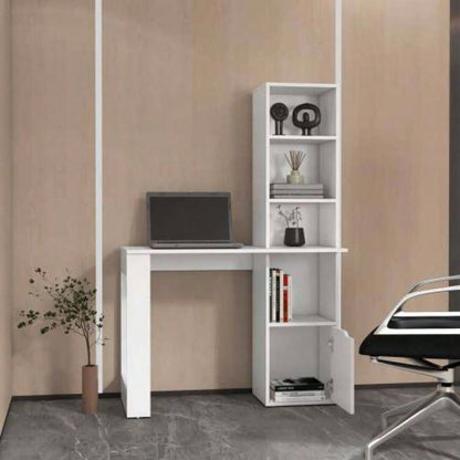 White Computer Desk with 4 - Tier Bookcase and 1 - Door Cabinet