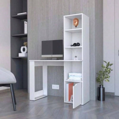 White Computer Desk with 4 - Tier Bookcase and 1 - Door Cabinet