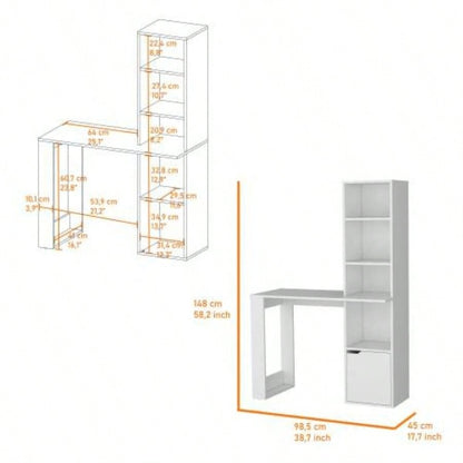 White Computer Desk with 4 - Tier Bookcase and 1 - Door Cabinet