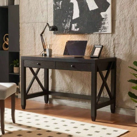 Home office desk writing table two drawers wooden knob handles finished on back X brace leg frame