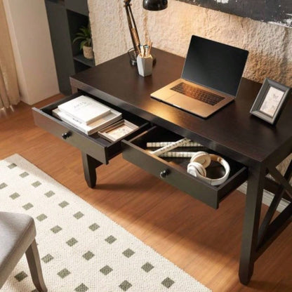 Home office desk writing table two drawers wooden knob handles finished on back X brace leg frame