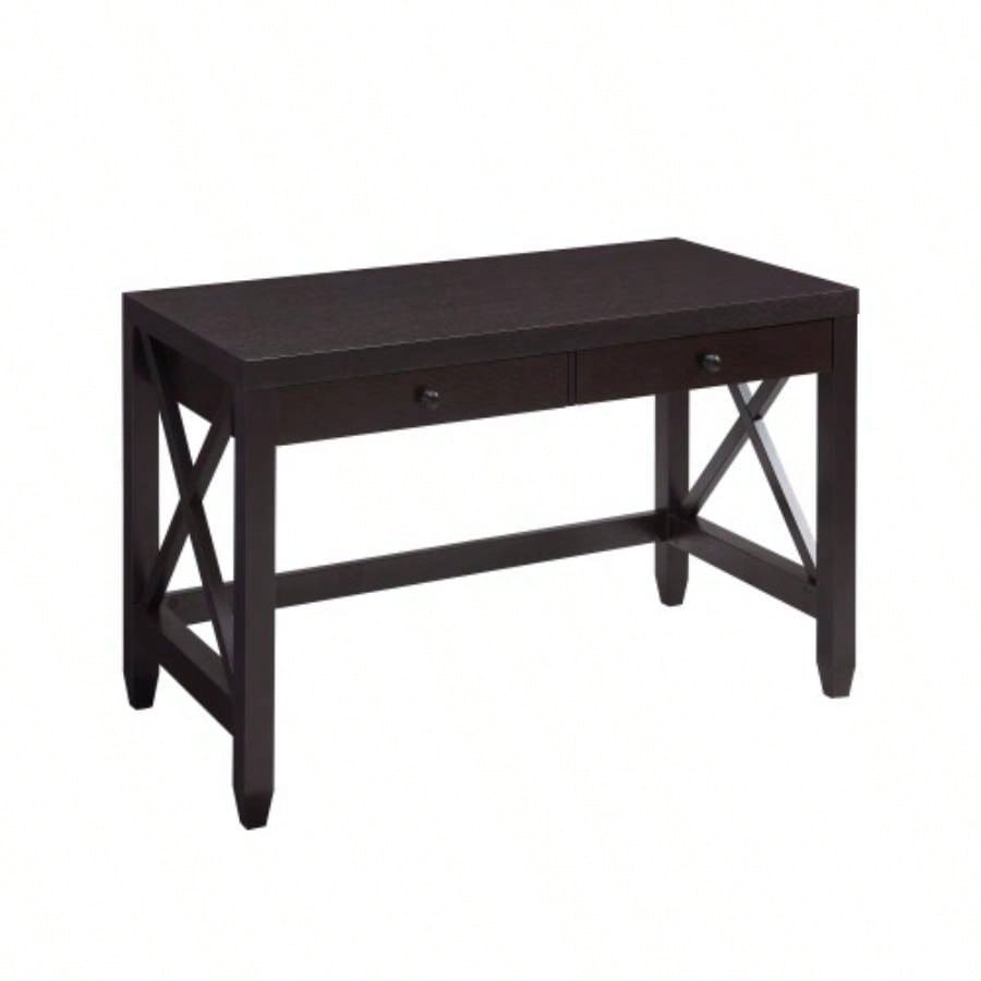 Home office desk writing table two drawers wooden knob handles finished on back X brace leg frame