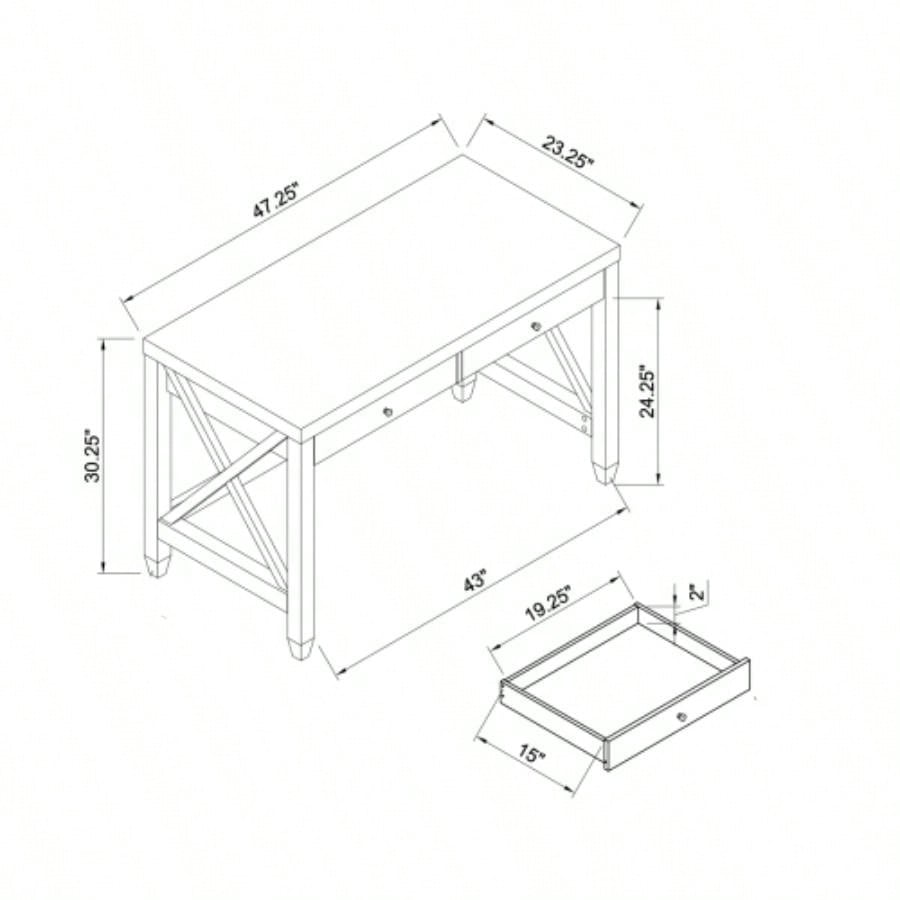 Home office desk writing table two drawers wooden knob handles finished on back X brace leg frame